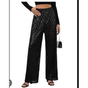 NWT WDIRARA Glam Black Sequin Wide Leg Pants Sparkle Bell Bottoms SZ S